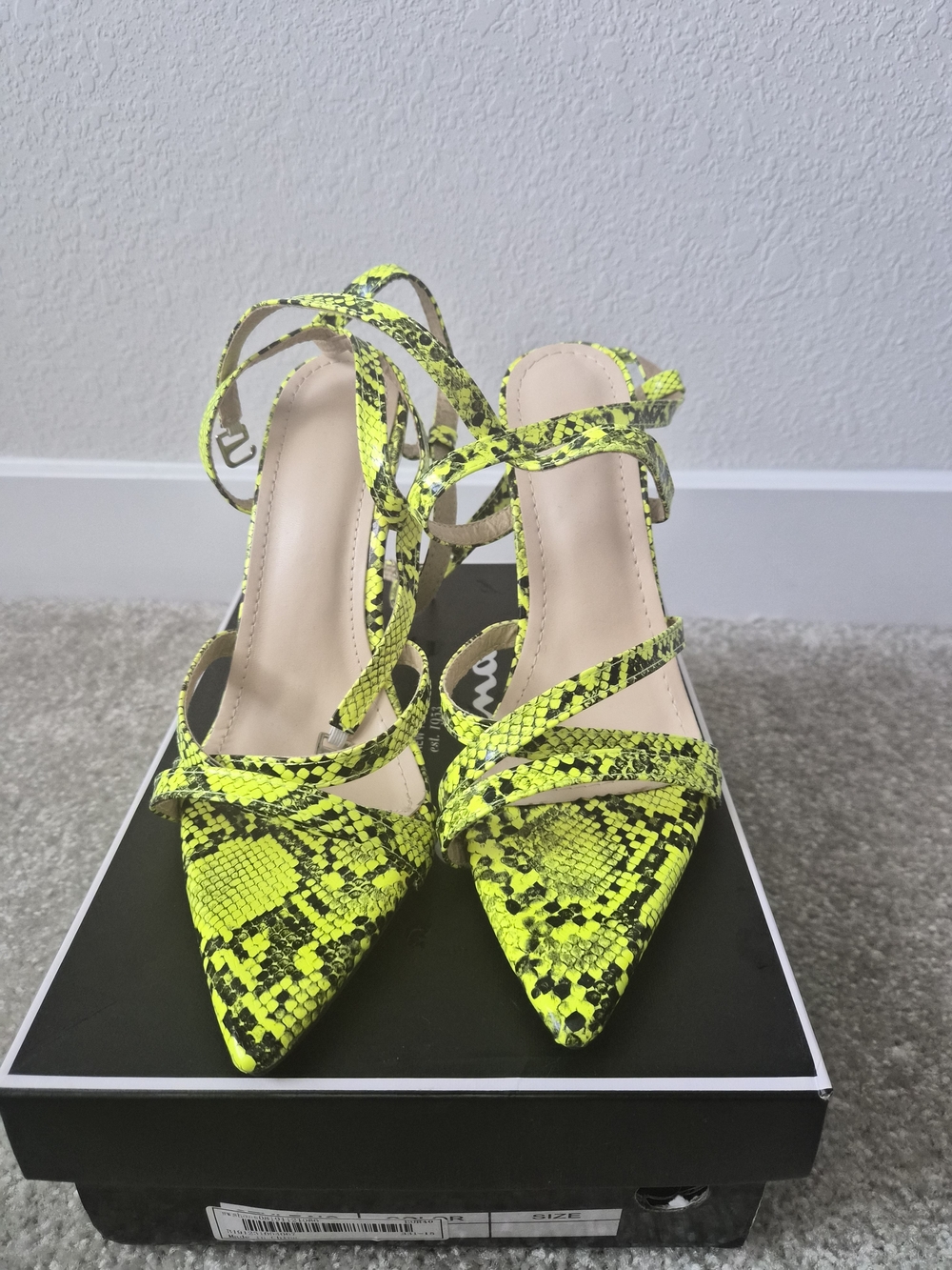 Neon Yellow Snake-Print Pointed Toe Strappy Heels